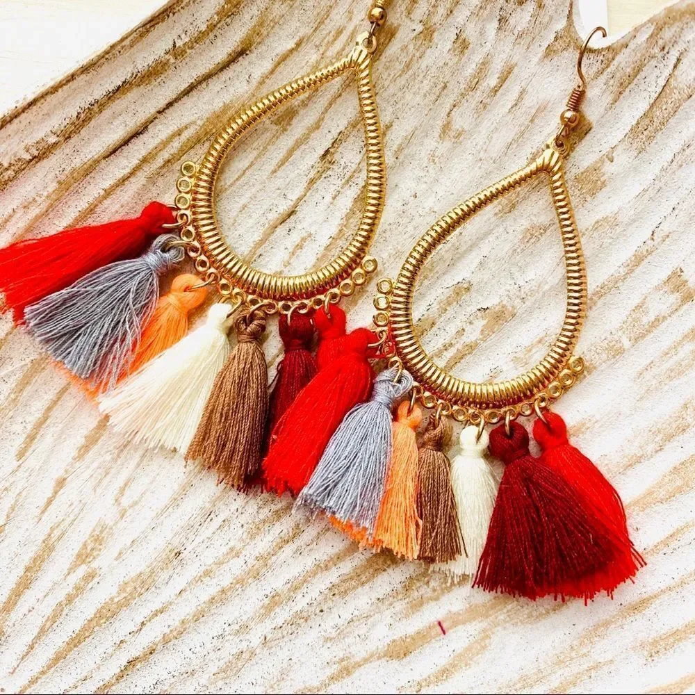 Boho Multi Color Tassel Drop Earrings NWT